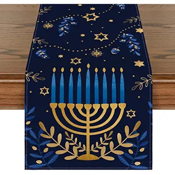 Akvarelės žvaigždės alyvuogės Hanukos stalo bėgikai Sezoninis Chanukah Menorah virtuvė Valgomojo stalo bėgikai Dekoravimas namų vakarėliui