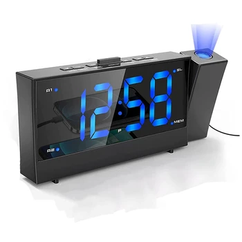 Radijo projekcinis žadintuvas, skaitmeninis žadintuvas su pritemdytuvu ir USB prievadais, LED ekranas Skaitmeninis laikrodis sunkiam miegui