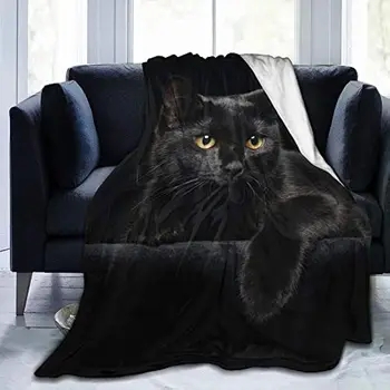 SaltaStore Miela juoda katė geltonomis akimis Minkšta mesti antklodė visą sezoną Microplush šiltos antklodės Tufted Flanel vilnos antklodė