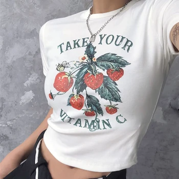 90s Vintage Cute Casual Sweet Strawberry Print Crop Top Summer Harajuku Streetwear kawaii Graphics Y2K Slim Letter Moteriški marškinėliai