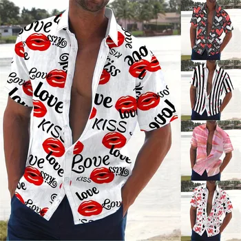 Mens Fashion Valentino dienos sagos trumpomis rankovėmis žemyn marškiniai Top Art 3d Digital Print Megztinių palaidinių vakarėlis