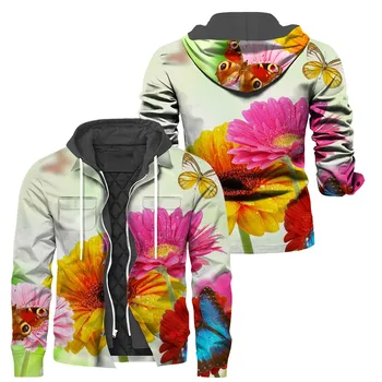 HX Fashion Animal Jacket Pretty Floral Daisy 3D Printed Zip Hoodies Cotton Padded Thickened Coats Men Women Clothing