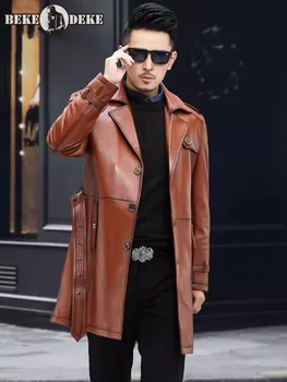 Luxury Mens Single Breasted Belted Straight Cowhide Genuine Leather Jacket Windbreaker Long Coat New Business Casual Work Trench