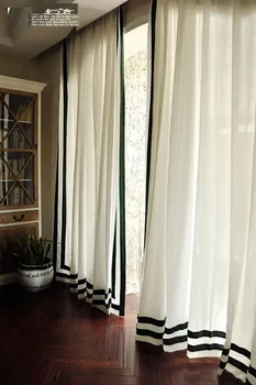 100% medvilnės lininės baltos užuolaidos su juoda apdaila Prancūziškos klasikinės langų užuolaidos svetainei Miegamojo retro stiliaus juostelės Cortinas