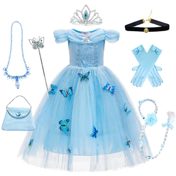 Mergaitė Pelenė Suknelė Kid Girl Halloween Princess Cosplay Butterfly Ball Chalatai Drabužių tinklelis TUTU Mėlynas kostiumas 2-10T