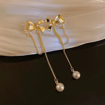 Elegantiškas ilgas auskaras Naujo korėjietiško stiliaus aukso spalvos metalinis perlų lanko pakabukas Moteriški 2022 m. madingi auskarų suknelės dekoravimo papuošalai