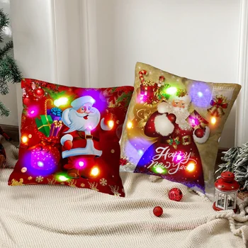 LED šviesa Kalėdų senelio pagalvėlės užvalkalas Linksmų kalėdinių dekoracijų metimo pagalvė Pagrindinis Kvadratinis pagalvės užvalkalas Sofos pagalvė Naujųjų metų pagalvė