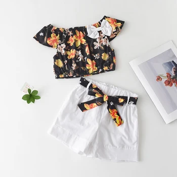 Menoea 2Pcs Prekės ženklas Toddler Baby Kid Girl Summer Apranga Floarl Top marškinėliai Solid Short Pant Madingi laisvalaikio drabužiai Kostiumai 1-5T