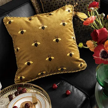 European Luxury Art Gold Yellow Bee Print Velvet Soft Coussin Sofa Chair Cushion Home Decor Cushion Cover Dekoratyvinis pagalvės dėklas