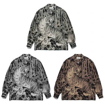 Juodas abrikosas Pilka Ruda WACKO MARIA Havajų marškinėliai ilgomis rankovėmis Vyrai Moterys 1:1 Bambuko miško tigras Atsitiktinės sagos Viskozė Naujos viršūnės