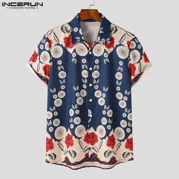 Fashion Casual Style Tops INCERUN Vyrai Personalizuoti žiedlapių spausdinimo marškiniai Stilingi vyriški visų derlių atlapai Palaidinė trumpomis rankovėmis S-3XL