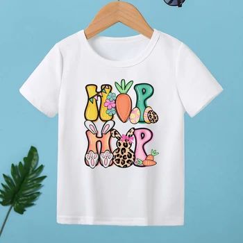 Vaikas Vasaros marškinėliai Triušis Ridikėlis Spalvoti kiaušiniai Laiškas Hiphopas Spausdinti Vaikų drabužiai trumpomis rankovėmis Mergaičių laisvalaikio universalios viršūnės