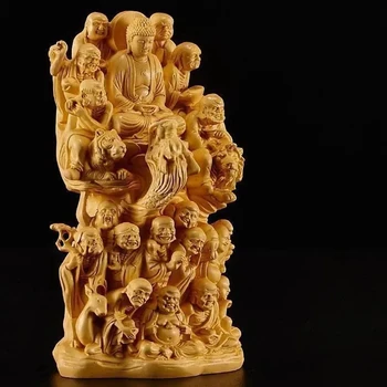 Medžio drožyba Aštuoniolika Arhatų Budos statula, Gryna medžio masyvo drožyba,Namų svetainė, kambario turtas meno statula