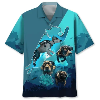 Hawaii Beach Print Vyriški marškinėliai trumpomis rankovėmis 3D nardymo šuniuko atspaudas Atlapas Vyrų mada plius dydis Top 2024 nauji vyriški marškiniai