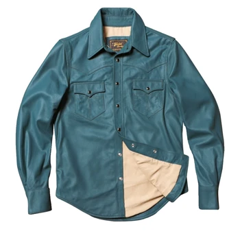 Navy Blue Spring Leather Shirt Vyriški laisvalaikio stilius plius dydis 4XL Natūralus plonas avikailis Slim Fit natūralios odos paltas