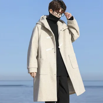 2023 Vilnoniai vyrai su gobtuvu Vidutinio ilgio paltas Paprastumas Mada Ragų mygtukas Korėjietiška šilta striukė Ruduo Žiema Laisvas laisvalaikio storas paltas