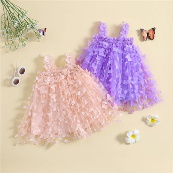 Mažyliai Vaikai Mergaitės Princesės vakarėlio suknelė 3D drugelio diržo suknelė Vasarinė saldi vienspalvė suknelė be rankovių