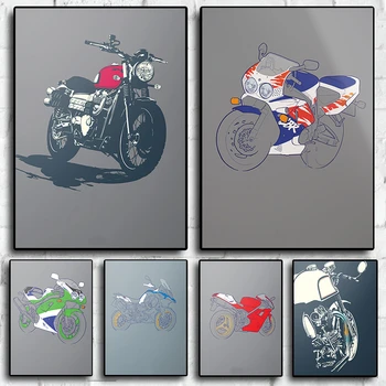 Eskizas Spalvingas motociklo plakatas Estetinis Moto bekelės motociklas Greičio drobė Spausdinti Sienos menas Namų lenktynės Garažas Kambario dekoras