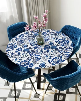 Augalų gėlių iliustracijos raštas Giliai mėlyna apvali staltiesė Elastinga stalo danga Neperšlampamas valgomojo stalo dekoravimo priedas
