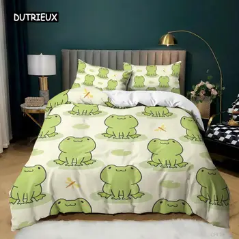 Cartoon Frog Duvet Cover Set Šviesiai Green Cartoon Frogs Cute Dragonfly Animal Shoes Komplektas Kid Twin Size Polyester Quilt Cover