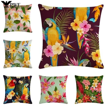 Tropinių augalų dizainas Lininis pagalvės užvalkalas Gėlių atspaudas Madinga sofa Svetainės pagalvėlės užvalkalas Namų dekoravimo pagalvėlės užvalkalas 45*45cm
