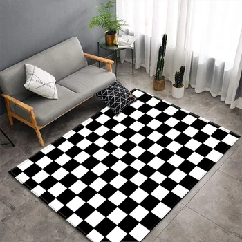 Paprastas juodai baltas šaškių lentos kilimas svetainei neslystantis miegamasis Lovos sofos zonos kilimėlis Didelio dydžio vidaus grindų kilimėlis