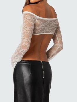 Moteriški nėriniai Crop Tops Off Shoulder Long Sleeve Twist Front Solid Color Slim Fit Marškinėliai Palaidinės