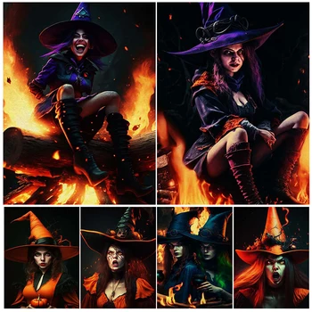Creepy Roaring Witch Vintage Wall Art Canvas Painting The Sharp-Toothed Wizard with A High Hat Art Poster Print Home Decoration