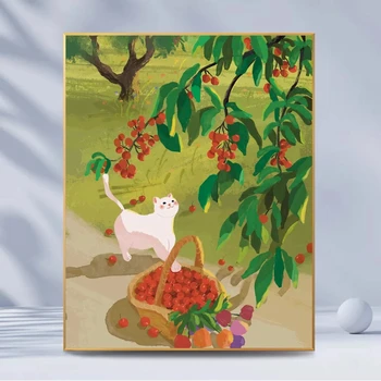 Rankomis užpildyta spalvota pavasario diena mergaitė kačių aliejaus spalvos tapyba tulpių vyšnių išgydymas paprasta kabanti skaitmeninė aliejinė tapyba
