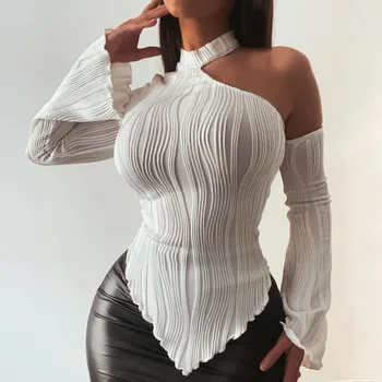 White Irregular Top Women 2024 Spring Fashion Hollow Out Flare Flare Pullover Shirt Woman Elegant Tight T-shirt