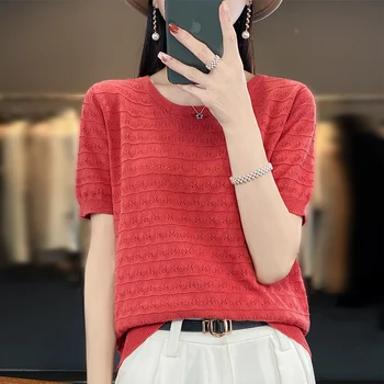 Medvilniniai marškinėliai Moteriški 2023 m. vasaros nauji apvalaus kaklo megztiniai trumpomis rankovėmis megztas laisvalaikio megztinis Laisvi korėjietiški madingi marškinėliai