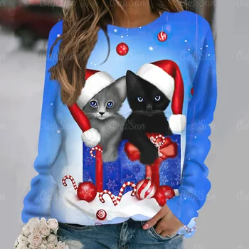 2024 Marškinėliai ilgomis rankovėmis moterims Kalėdinis elementas Moteriškas megztinis O Kaklas Fashion Ladies marškinėliai Rudens mados megztiniai Tops