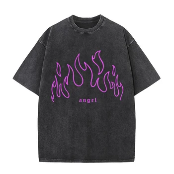 Angel Purple Fire Graphic Printed Vyriški drabužiai Oversize marškinėliai Mada Rūgštimi išskalbta medvilnė Minkšti trišakiai drabužiai Vasariniai laisvi marškinėliai