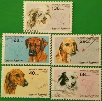 5 PCS,Sahara Post Stamp,1998, Šunų antspaudai, tikras originalas, naudotas su pašto ženklu
