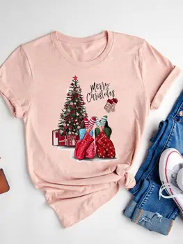 T marškinėliai Kalėdiniai trumpomis rankovėmis trikotažiniai drabužiai Top Print Women Sweet Cartoon Festival Trend Naujųjų metų mada Pagrindiniai grafiniai marškinėliai