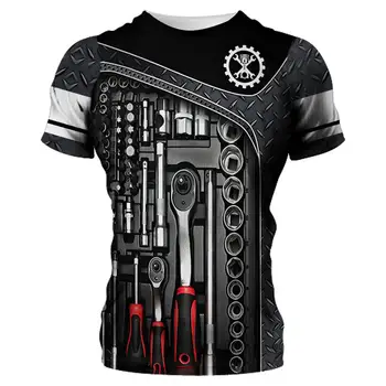 Mechaniko marškiniai 3D Individualūs vyriški marškinėliai Mechaniniai vyriški drabužiai 3D spausdinti Medvilnė Trumpomis rankovėmis Viršugalviai Gatvės drabužiai