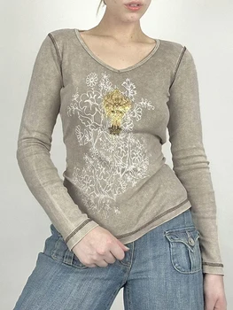 Grunge drabužiai moterims Y2K Tops ilgomis rankovėmis Fairy Grunge estetiniai marškiniai Teen Girls Vintage Graphic Trikotažas Fall