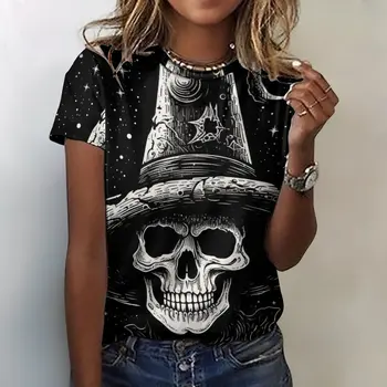 Summer Women's Tee Halloween Skull Print Drabužiai trumpomis rankovėmis Drabužiai Moterims Retro marškinėliai Y2k drabužiai Harajuku džemperiai