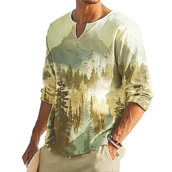 Stilingi vyrai\'s Casual Print Slim Fit Henley V kaklo marškinių viršus Palaidinė ilgomis rankovėmis Mygtukas žemyn visiems sezonams ir veikloms