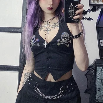 Goth Dark Skull Rhinestone Mall Gothic Halter Tops Grunge Aesthetic Button Up Emo Crop Top Punk Sexy Backless Bandage Alt Apranga