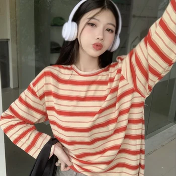 Pavasario rudens moteriški marškinėliai ilgomis rankovėmis Preppy Style O Neck Fashion Casual Stripe Tops