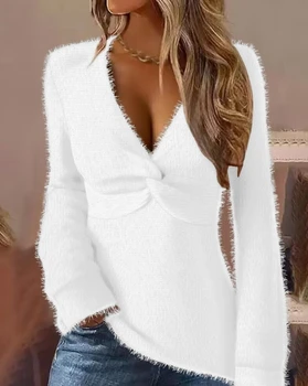 Woman Fuzzy Twisted V-Neck ilgomis rankovėmis Top Temperament Comuting Female Tee Women's Fashion Pullover marškinėliai