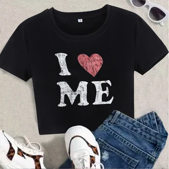 Vintažinė mada I Heart Me Letter Graphic Moteriški marškinėliai Y2k Crop Tops Cute Baby Tee Summer Tops Gothic Short Sleeve Streetwear