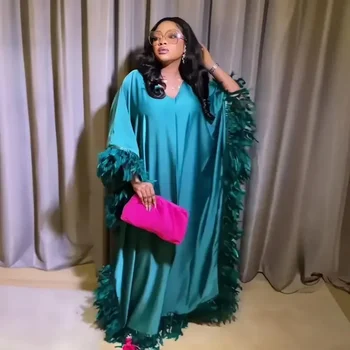 Plunksnos afrikietiškos suknelės moterims 2024 Tradicinės Nigerijos vestuvės plius dydis Abaya Dubai Boubou suknelė musulmoniškas chalatas Femme drabužiai