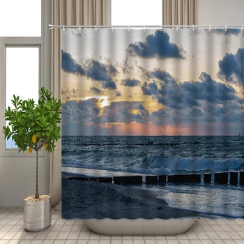 Saulės šviesa Vandenyno paplūdimio dušo užuolaida Neperšlampamas audinys Vonios užuolaidos Saulėlydžio sutemos Jūros peizažas Spausdinti Vonios ekranas su kabliukais