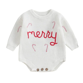 Naujagimio kalėdinė apranga Baby Boy Girl ilgomis rankovėmis Laiškų siuvinėjimas Megztas megztinis Romper Rudens žiema