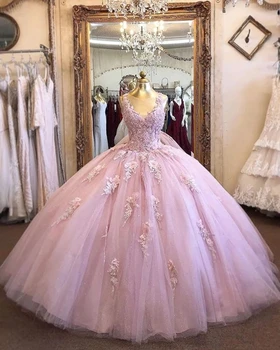 ANGELSBRIDEP Rožinė rutulinė suknelė Quinceanera suknelės 15 vakarėlių Oficiali 3D gėlių nėrinių aplikacija Maskaradas Gimtadienio princesės chalatai