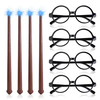 8 PCS Light-Up Wand Magic Light and Black Frame Glasses, Sound Toy Wizard Wands Illuminating Wand for Halloween