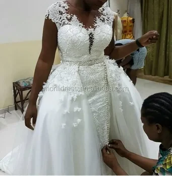Vestidos De Novia Afrikos rankų darbo vientisas kaklas plius dydis Nuotakos nėrinių vestuvinės suknelės nuimamas traukinys