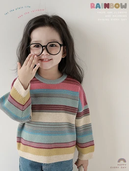 Mergaičių dryžuotas megztinis Pavasaris Ruduo Vaikų mielas Minkštas Šiltas megztukas Top Trend